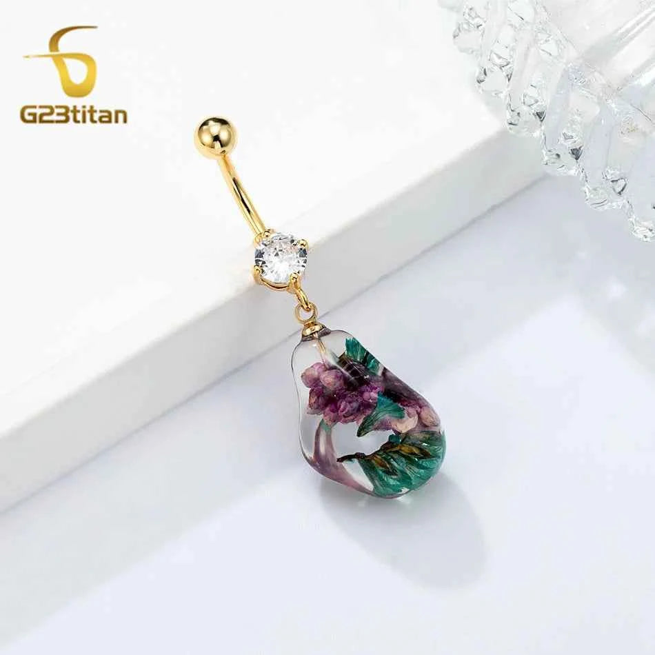 Transparent Resin Flower Charm Dangle Belly Button Ring 14G Allergy Free Titanium Bar Navel Piercing Women Summer Beach Jewelry