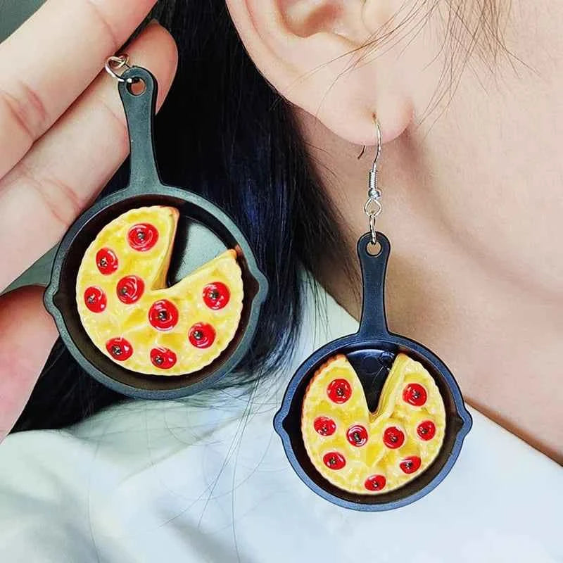 New Flat Bottom Pot Egg Earrings Personalized Simulation Pizza Acrylic Fun Earrings for Women