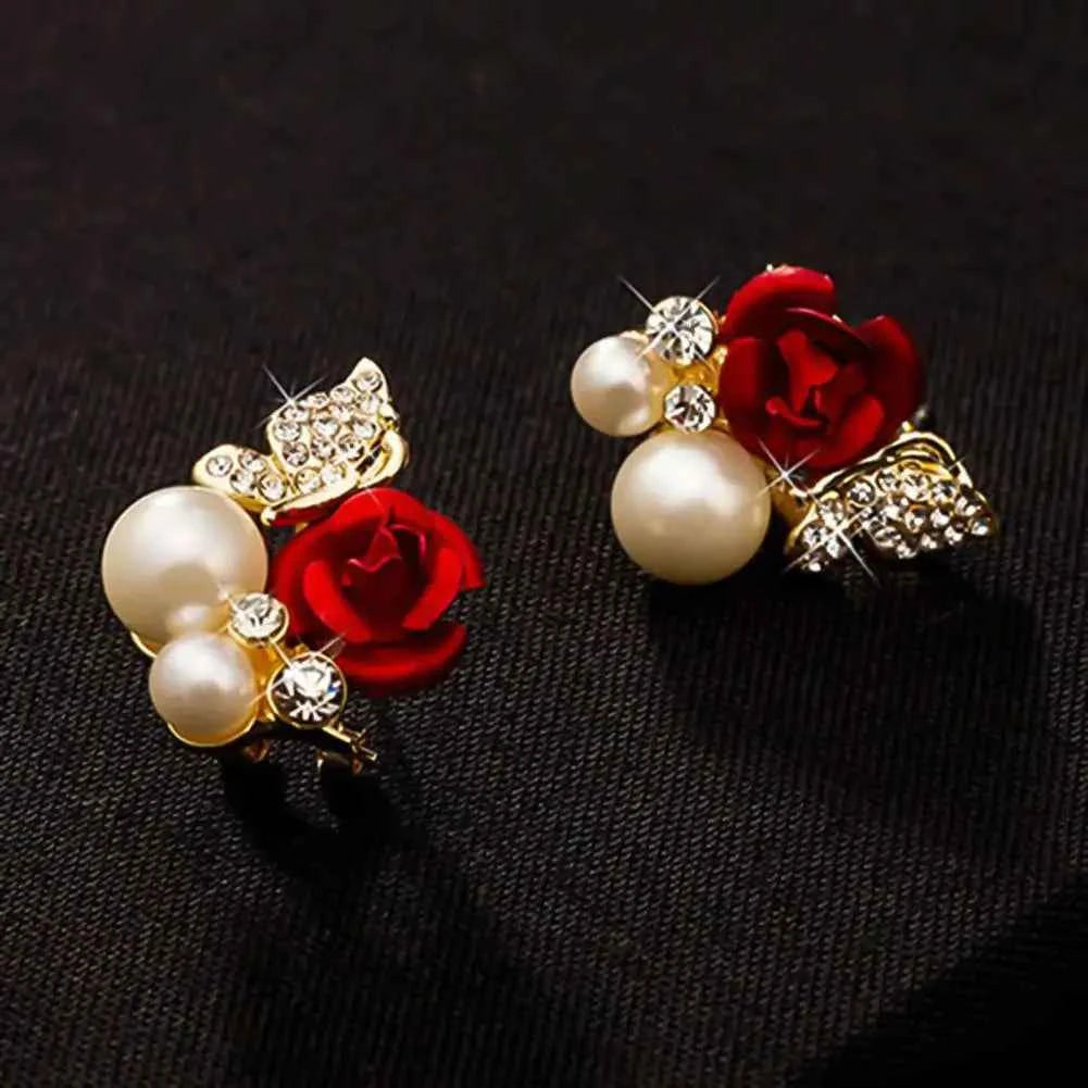 Red Rose Flower Faux Pearl Women Earrings Decor Exquisite Alloy Ear Studs Jewelry Gift for Party Stud Earrings