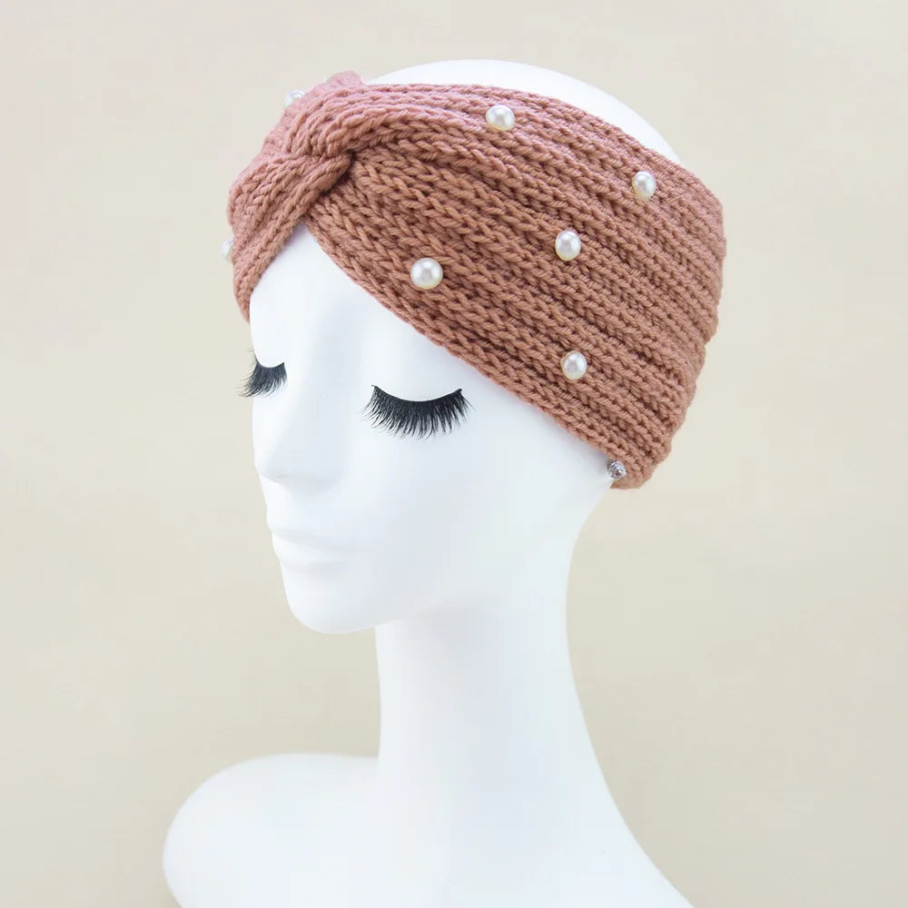 Fashion Pearls Knitted Headband Women Cross Knotted Hair Bands Autumn Winter Ear Warmer Protectors Wide Turban Hair Accessories - NamafadStore