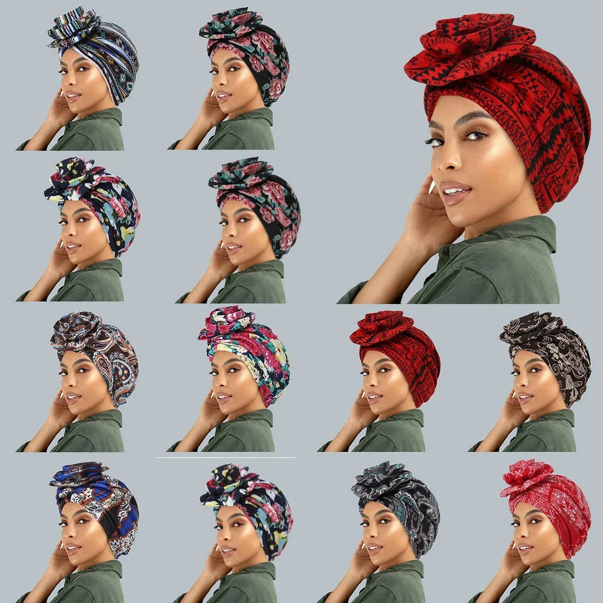 New African Women Print Turban Flower Beanies Bonnet Muslim Hijab Headscarf Hair Loss Head Wrap Bandanas Headband Turbante Mujer - NamafadStore