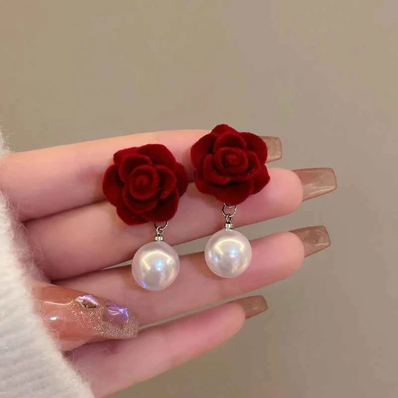 1Pair Wine Red Pearl Rose Flower Earrings Retro Wedding Ear Studs Chinese New Year Jewelry Earring