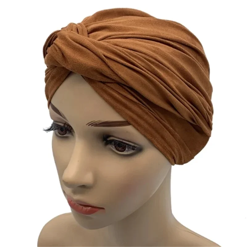 Fashion Women Cross Twist Suede Turban Caps Soild Color Female Headscarf Bonnet Muslim Hijab Cap Islamic Under Scarf India Hat - NamafadStore