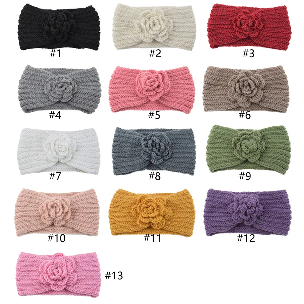 Women Rose Flower Knitted Headbands Women Autumn Winter Crochet Head Wrap wide Woolen Hairband Turban Bandana Hair Accessories - NamafadStore