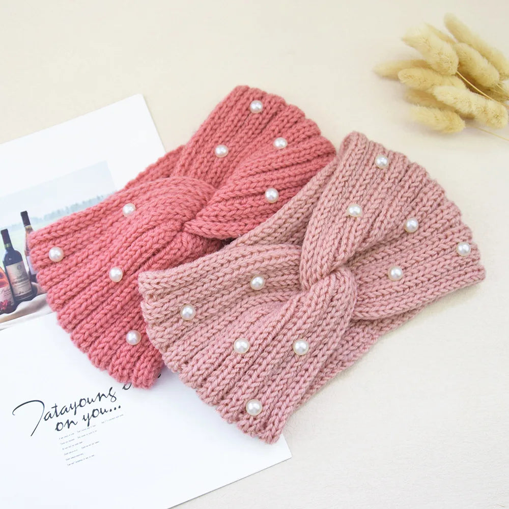 Fashion Pearls Knitted Headband Women Cross Knotted Hair Bands Autumn Winter Ear Warmer Protectors Wide Turban Hair Accessories - NamafadStore