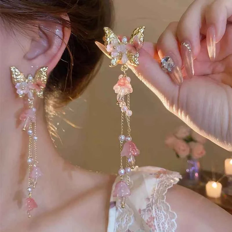 Luxury Flower Butterfly Long Tassel Drop Earrings for Women Exquisite Crystal Zircon Earrings Daily Accessories Party Jewelry