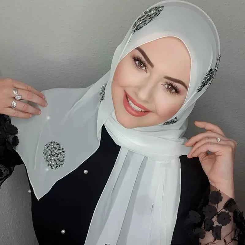 Muslim Instant Turban Rhinestone White Chiffon Hijab Abaya Hijabs For Woman Abayas Jersey Glitter Head Scarf Dress Women Turbans
