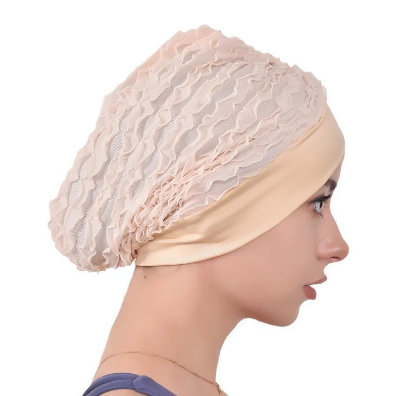Fashion Women Ruffle Lace Turban Cap Elastic Islamic Female Solid Color Head Wraps Muslim Headscarf Lady Beanie Caps