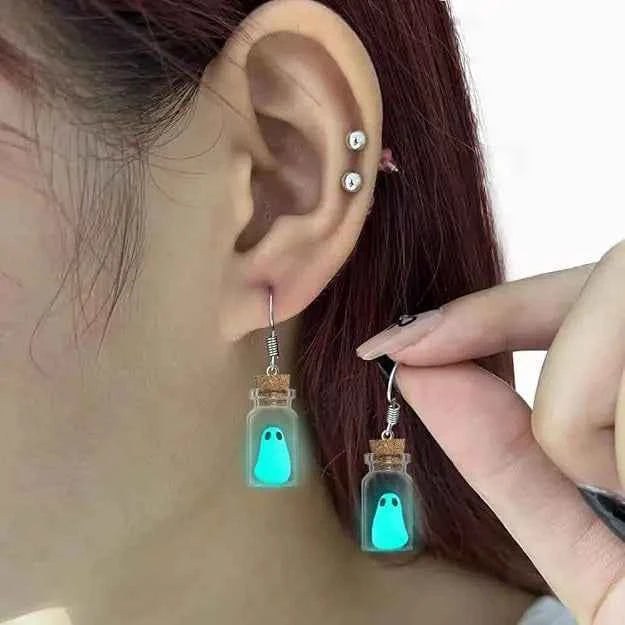 Halloween Adopt A Ghost Tiny Glow Earrings Cute Drifting Bottle Blue Green Luminous Ghost Drop Earrings Day of The Dead Jewelry