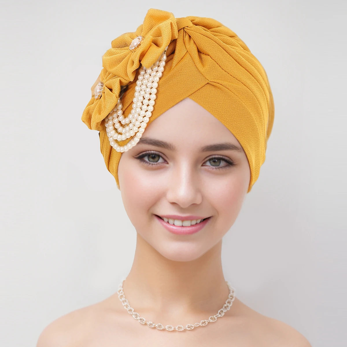 Pearls Beading Turban Cap for Women Flower Design Female Head Wraps Muslim Headscarf Bonnet Hairloss Hat Cover - NamafadStore