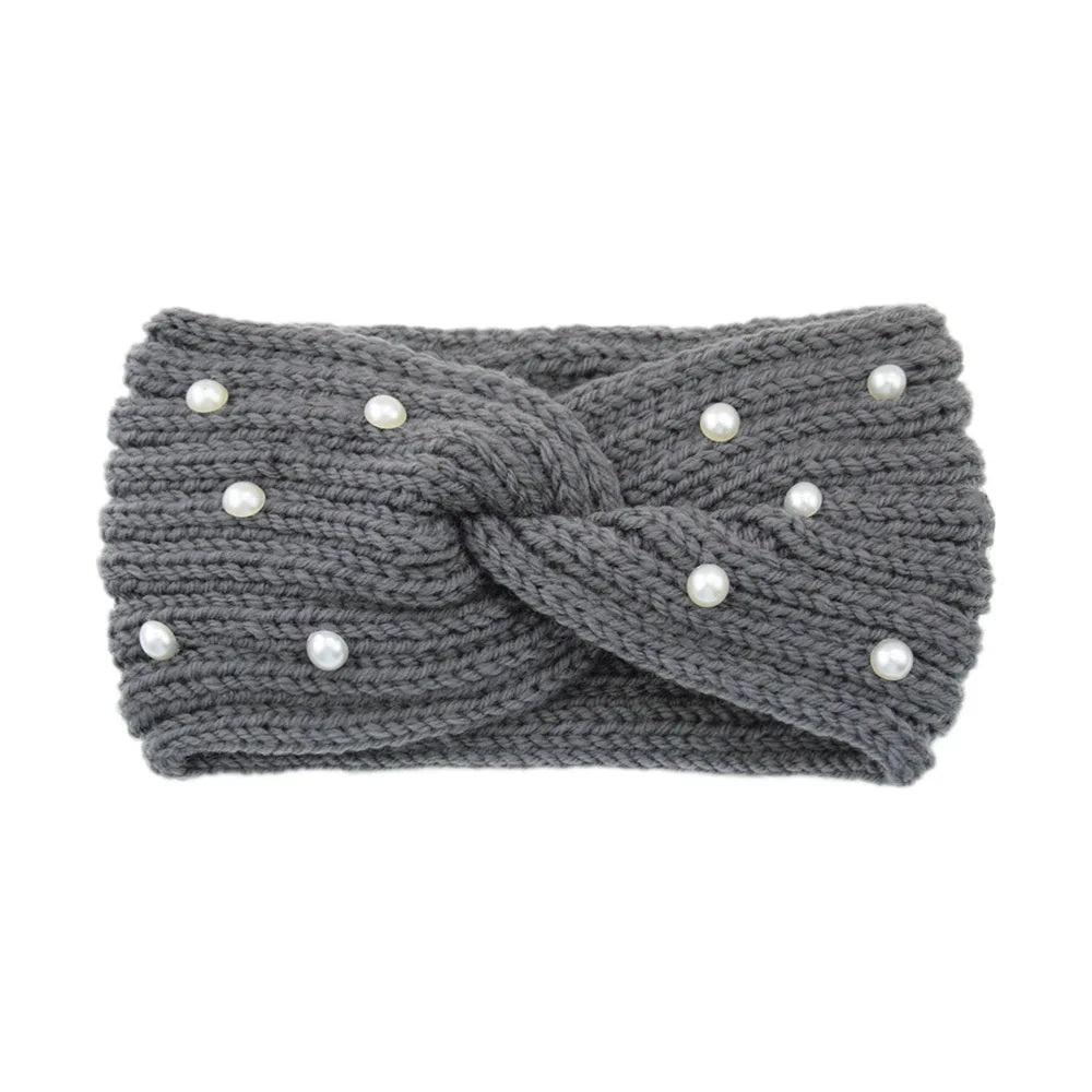 Fashion Pearls Knitted Headband Women Cross Knotted Hair Bands Autumn Winter Ear Warmer Protectors Wide Turban Hair Accessories - NamafadStore