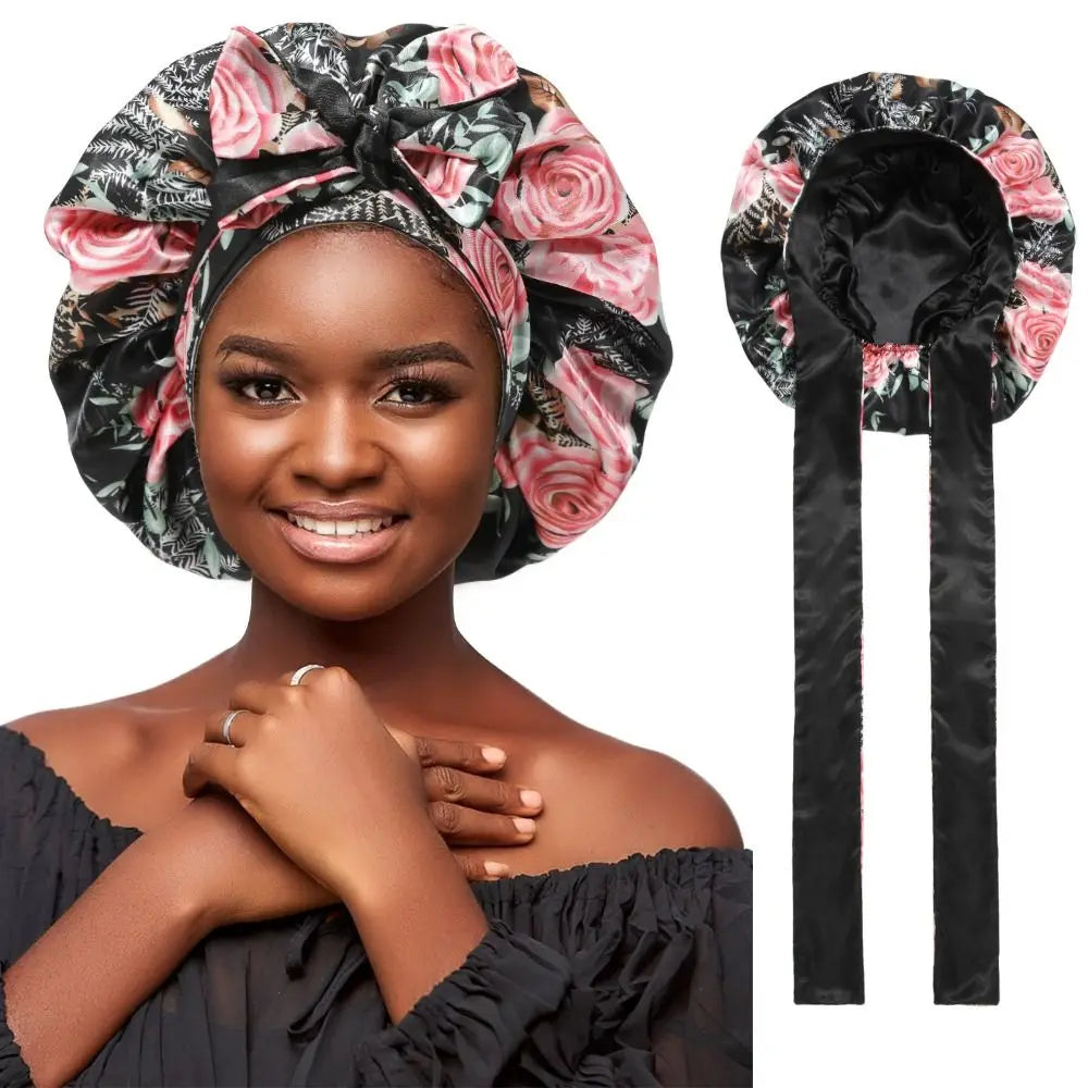 Double-layer Satin Sleep Cap Soft Stretchy Tie Band Adjustable Silk Hair Wrap Curly Hair Elastic Silky Satin Bonnet Sleeping