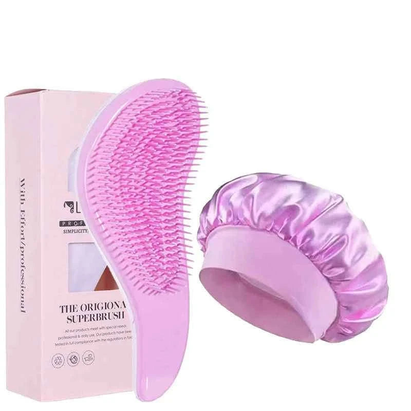 2/4Pcs Hair Care Set Scalp Massage Detangling Comb + Satin Sleep Cap + 2 Hair Scrunchies, Anti-Frizz Hair Accessories for Women