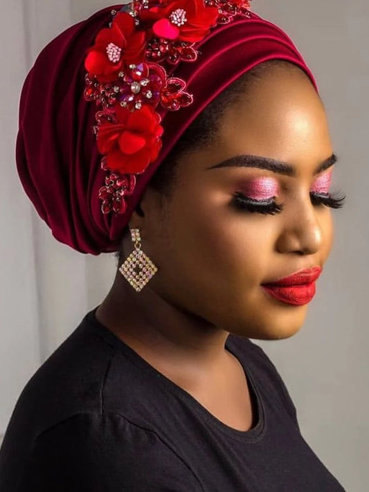 Elegant Flower Diamonds Women's Turban Cap African Party Headwear Hat Lady Head Wraps Muslim Headscarf Hats Turbante Mujer - NamafadStore