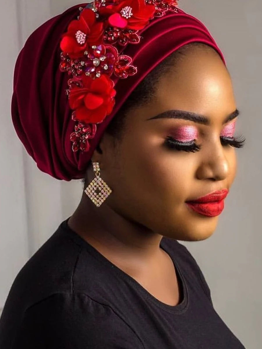 Elegant Flower Diamonds Women's Turban Cap African Party Headwear Hat Lady Head Wraps Muslim Headscarf Hats Turbante Mujer - NamafadStore