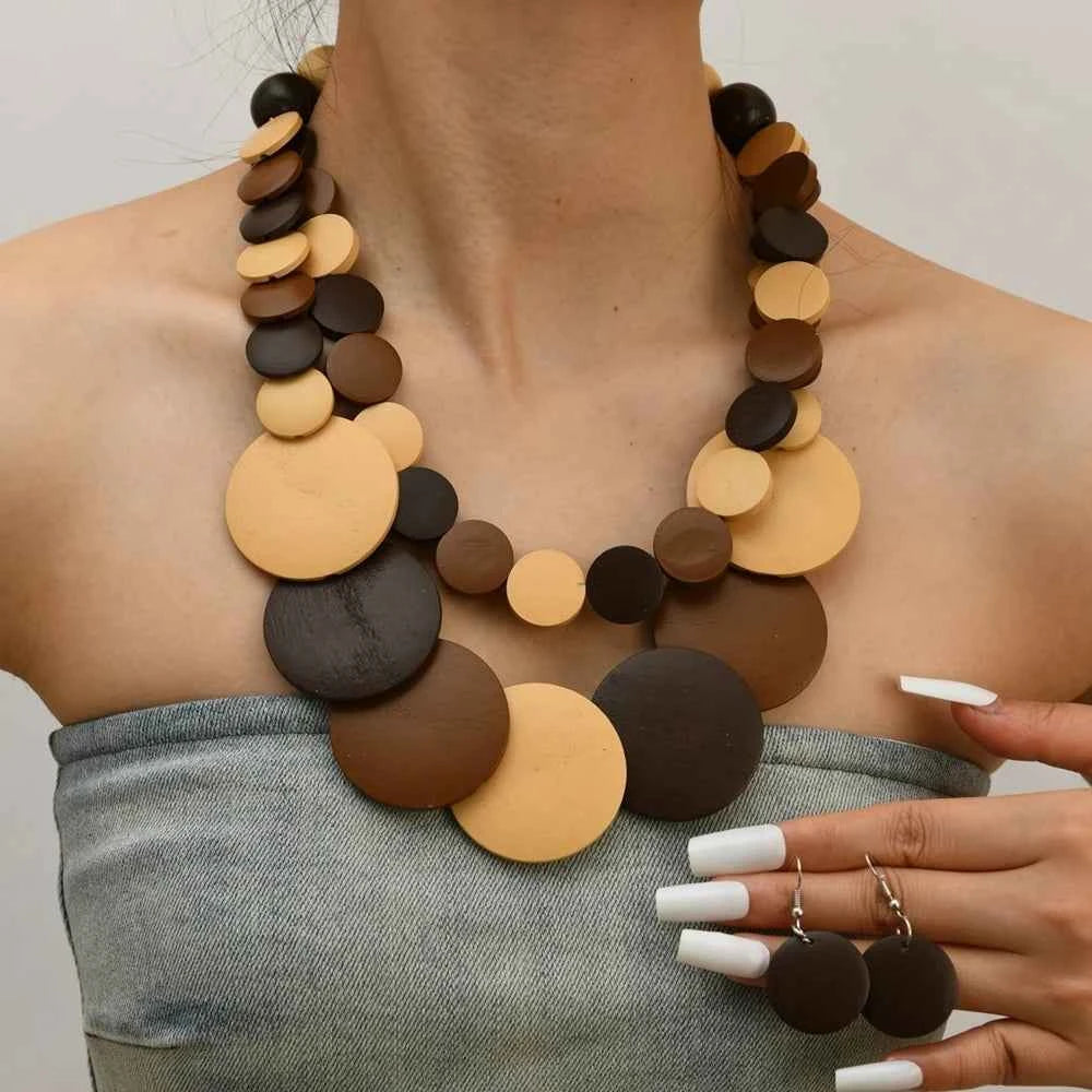 African Jewelry Bohemian Colored Geometric Round Wooden Beads Handmade Bead Necklace And Earrings Women's Party Accessories