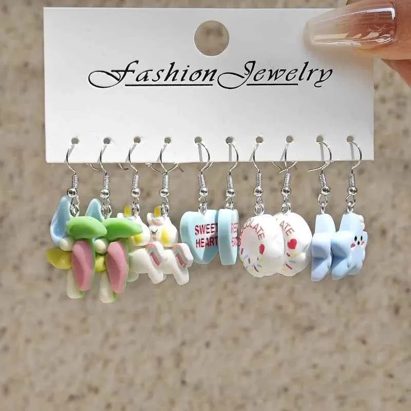 Fashion 5-piece New Color Acrylic Simulation Food Candy Donut Windmill Love Oil Drip Earring Set for Women