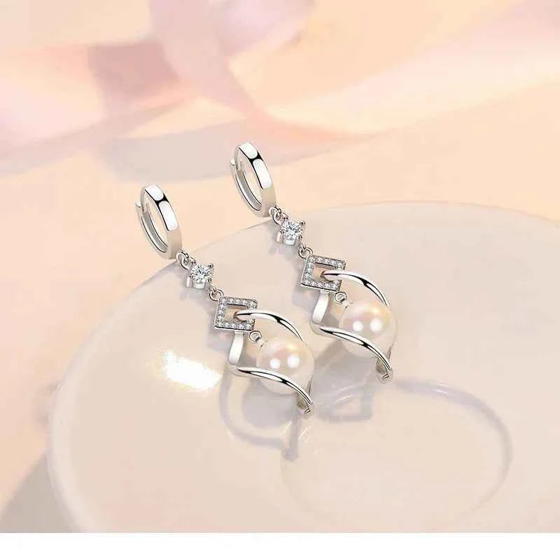 925 Sterling Silver Crystal Zirconia Natural Pearl Earrings, Women's Fashion Gorgeous Wedding Engagement Party Jewelry