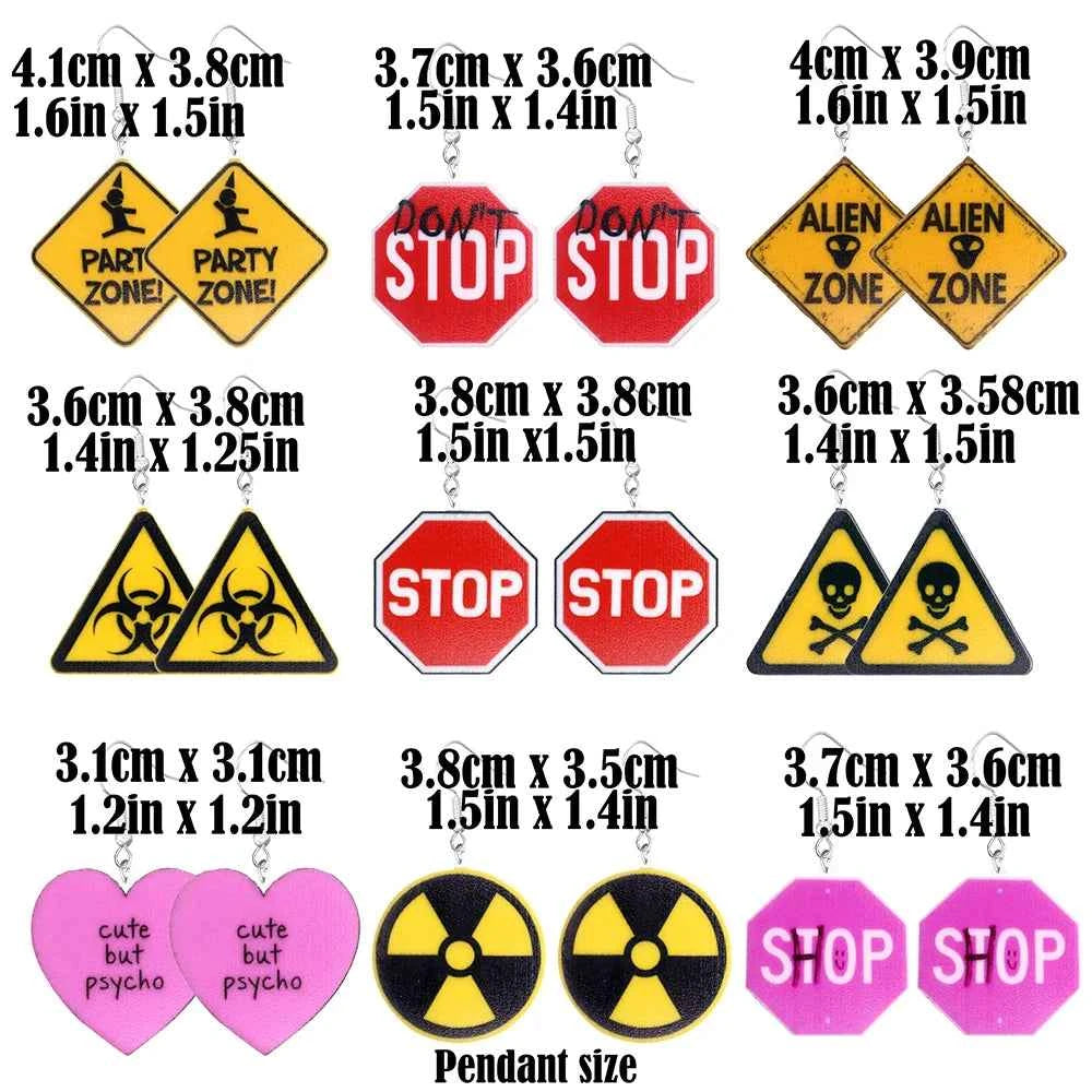 Cartoon earrings, acrylic cute, funny stop, road signs, warning signs, aliens
