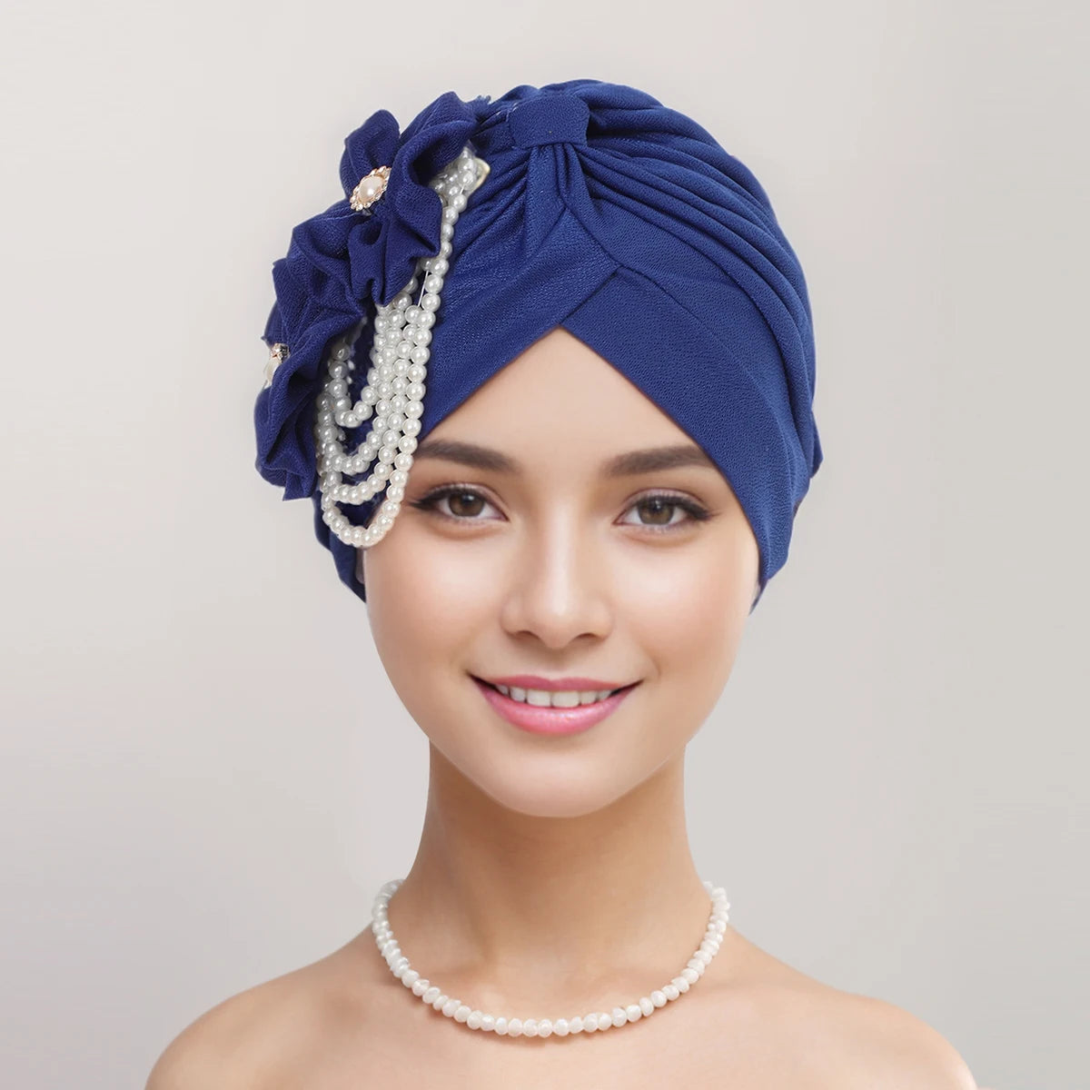 Pearls Beading Turban Cap for Women Flower Design Female Head Wraps Muslim Headscarf Bonnet Hairloss Hat Cover - NamafadStore