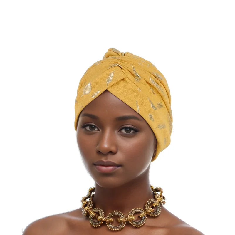 Feather Gold Stamping Fabric Turban Cap for Women African Wrap Head Bonnet Muslim Under Scarf Hat Turbante Mujer - NamafadStore