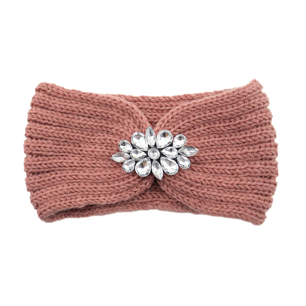 Elegant Women Rhinestone Knitted Hair Bands Ear Protection Headband Head Cover Face Washing Exercise Yoga Warm Wool Headwrap - NamafadStore
