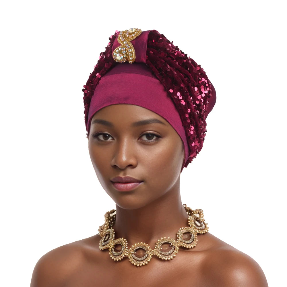 Shining Diamond Sequins Women's Turban Cap African Hat Headtie Bonnet Muslim Headwear Top Knotted Head Caps Turbante Mejur - NamafadStore