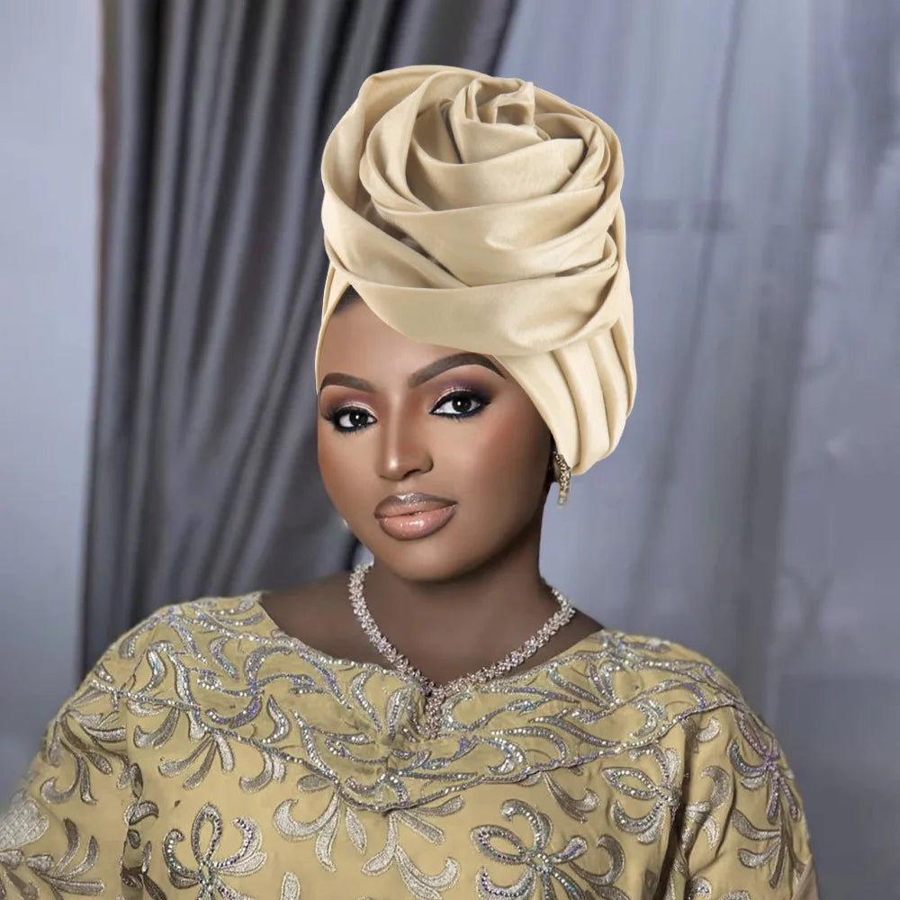 Women Party Turban Big Flower Head Wrap Chemo Cap Nigeria Wedding Headwear Muslim Hijab Bonnet Headscarf Skullies Turbante Mujer