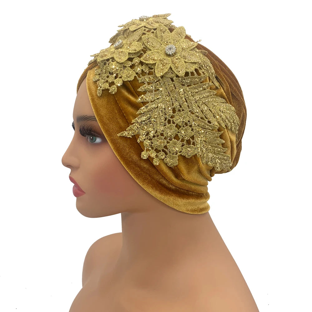Applique Flower Embroidery Turban Caps for Women Ruffle Velvet Headscarf Bonnet Hat Female Head Wraps Turbante Mujer - NamafadStore