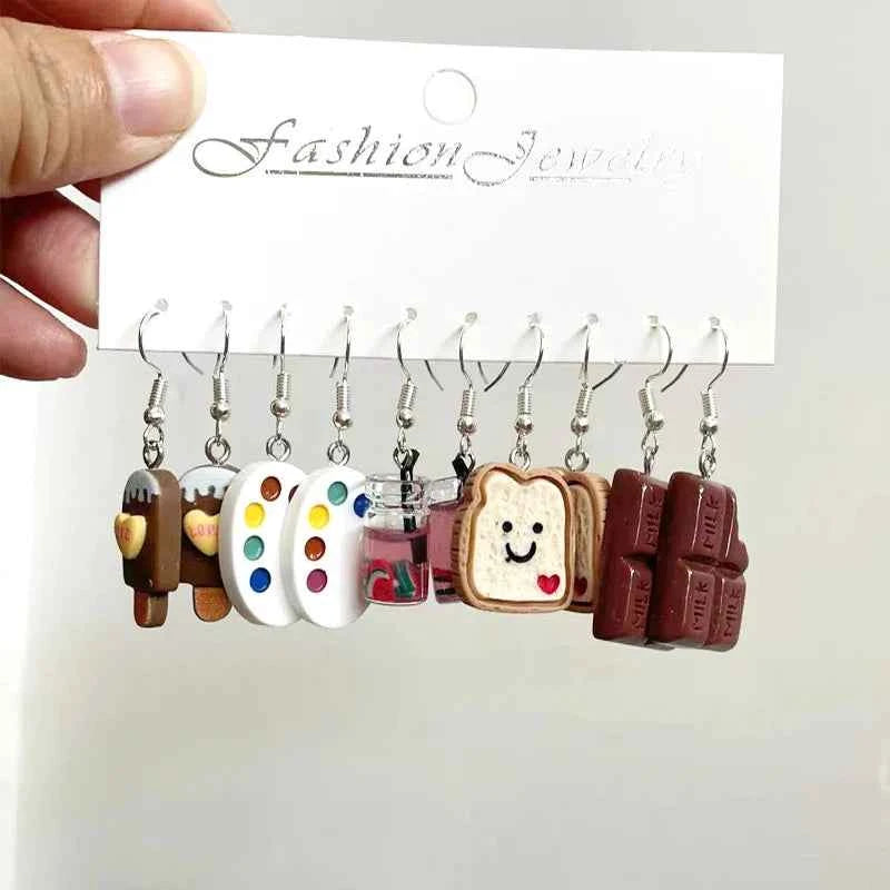 5 Pair Set Small Fresh Colored Resin Pendant Earrings Art Sweet and Cute Fruit Animal Milk Tea Earrings Female
