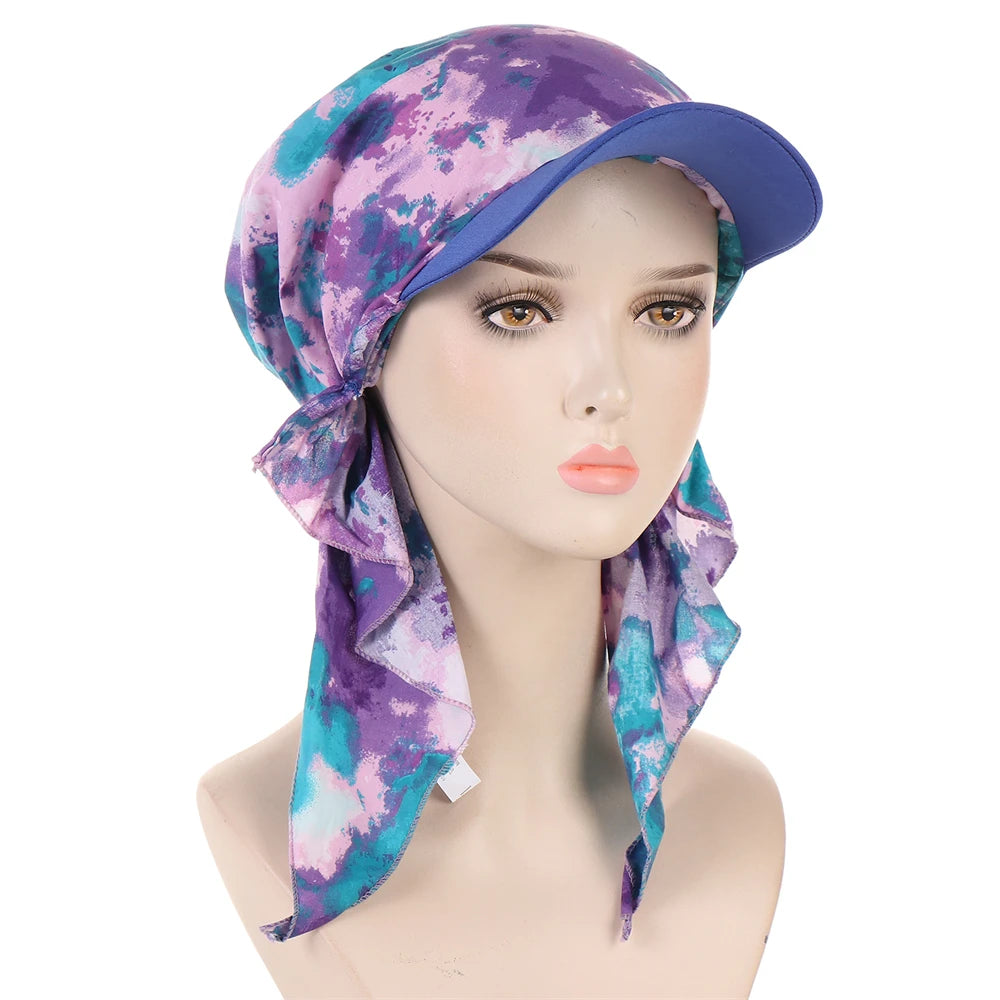 Fashion Muslim Floral Print Hijab Turban Hat for Women Visor Baseball Cap Sun Hats Headscarf Scarf Brim Femme Scarves Bandanas - NamafadStore