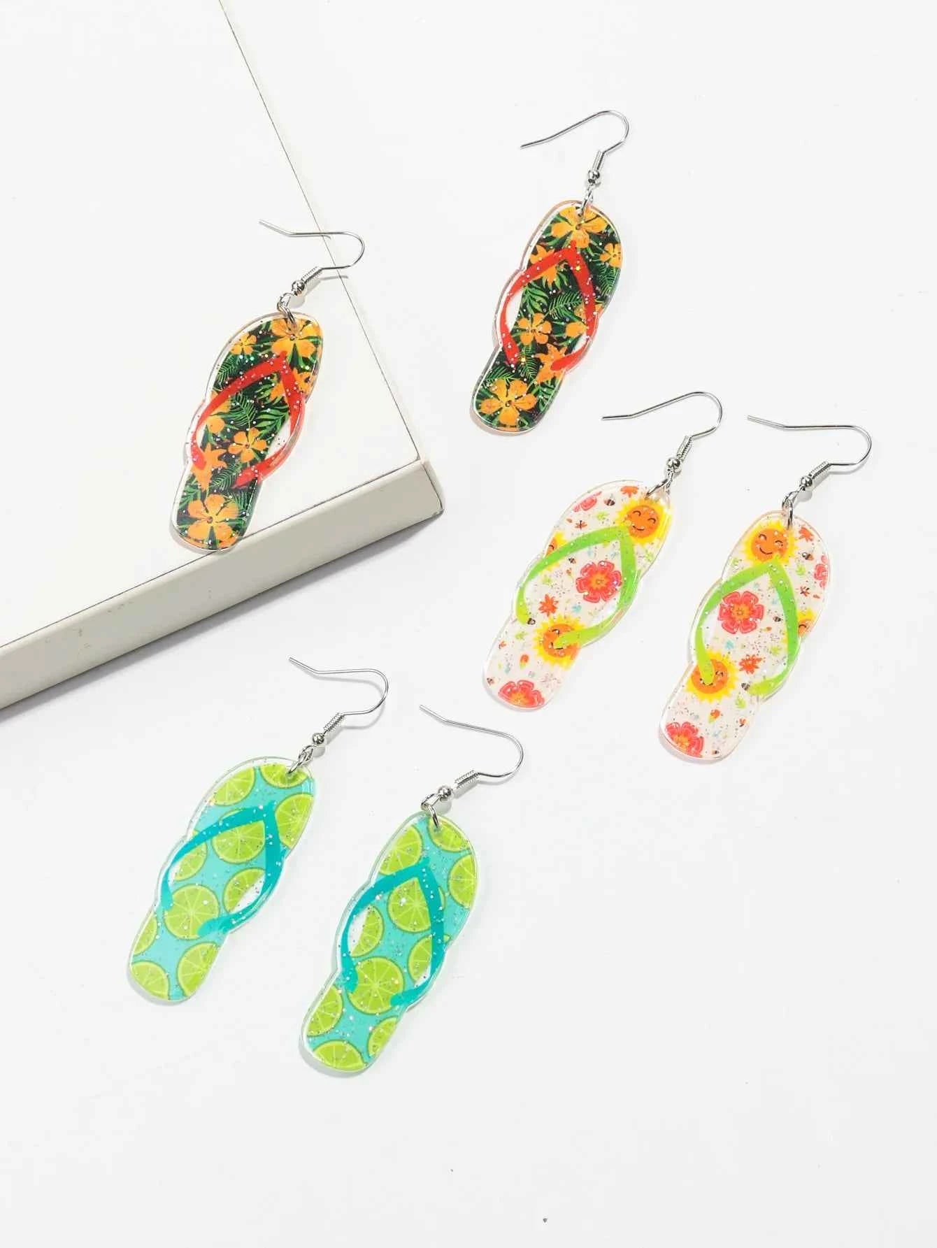 Bohomian Summer Acrylic Flower Slippers Earrings for Women Boho Resin Cute Lemon Leopard Print Shoes Earring Design Jewelry