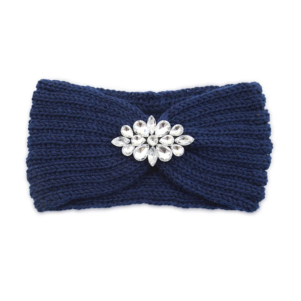Elegant Women Rhinestone Knitted Hair Bands Ear Protection Headband Head Cover Face Washing Exercise Yoga Warm Wool Headwrap - NamafadStore