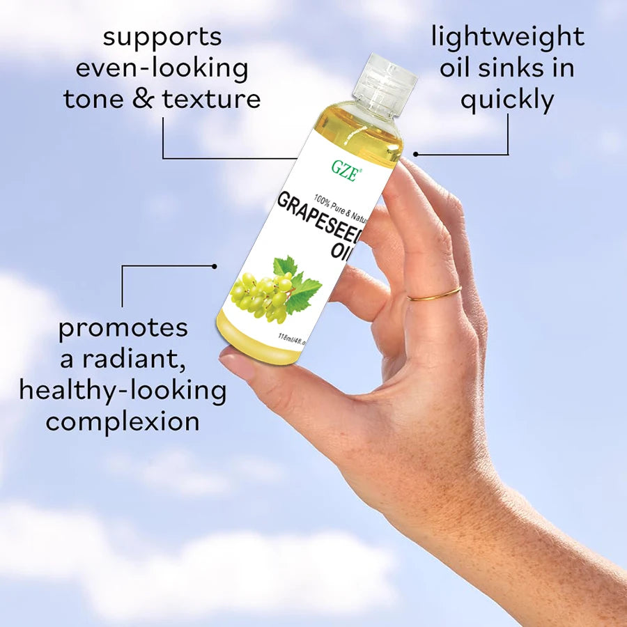 GZE Grapeseed Oil, Skin Care for Sensitive Skin, Light Silky Moisturizer for All Skin Type, Hair Strengthens Vegan Thickening - NamafadStore