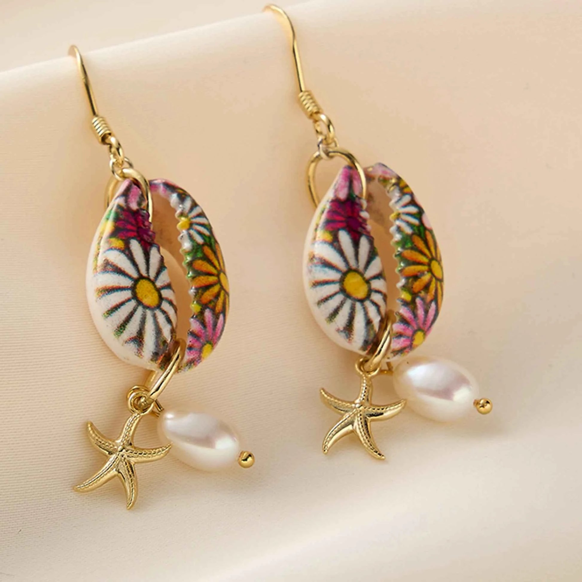 Effie Queen Natural Freshwater Pearls With Starfish Style & Floral Pattern Ornament 925 Sterling Silver Dangle Earrings GPE117