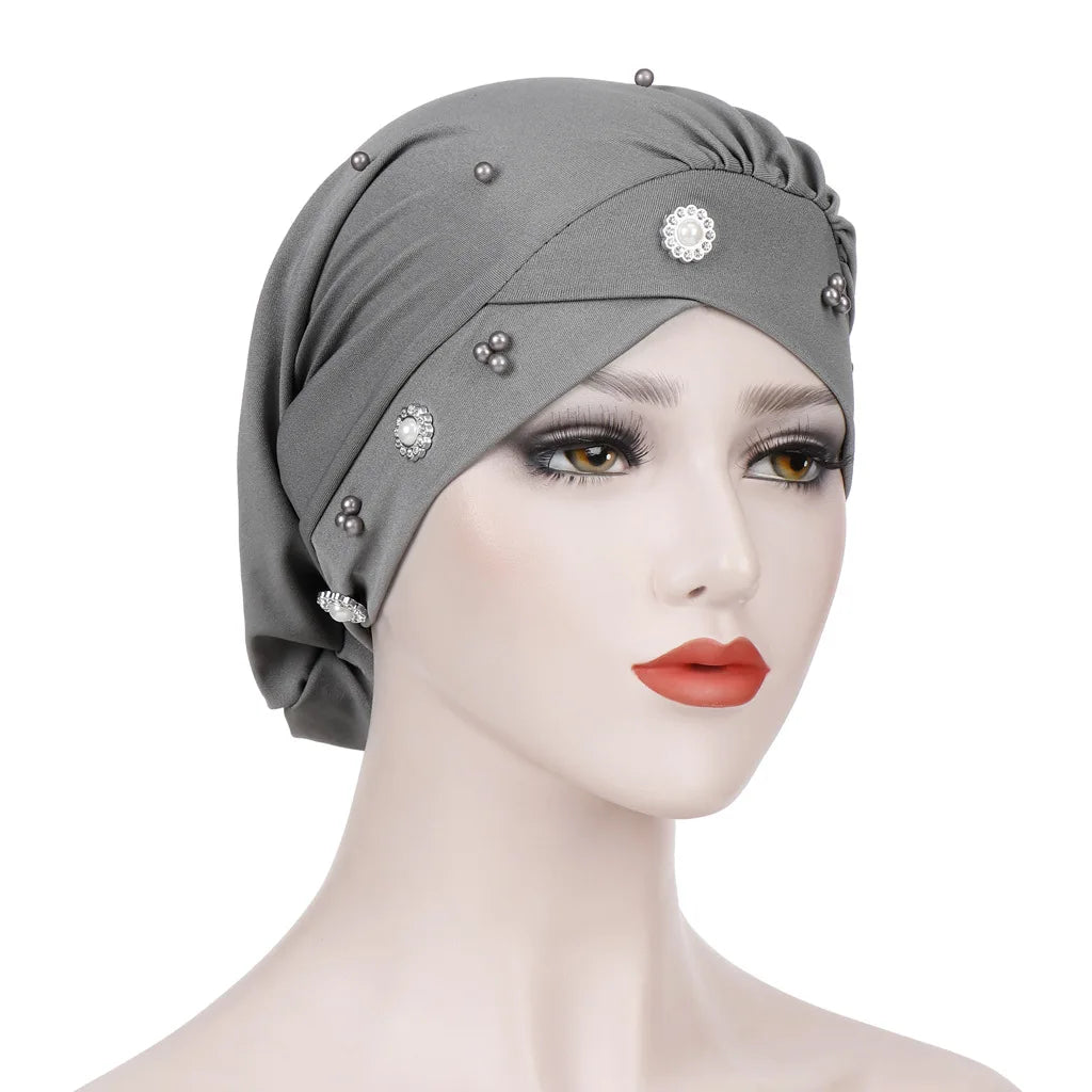 1PC New Women Elastic Turban Hat Muslim Hijab Islamic Beads Cancer Chemo Cap Ladies Hijab Stretch Head Wrap Head Scarf Hair Loss - NamafadStore