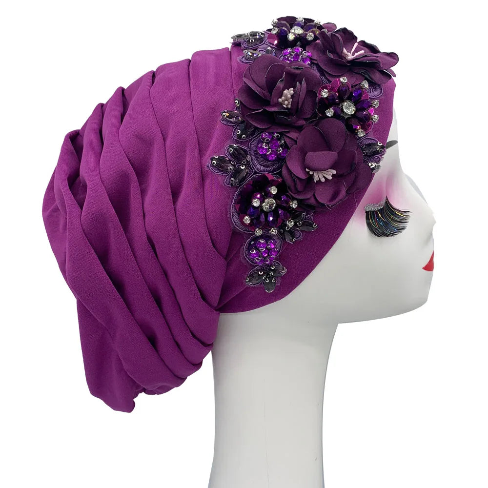 Elegant Flower Diamonds Women's Turban Cap African Party Headwear Hat Lady Head Wraps Muslim Headscarf Hats Turbante Mujer - NamafadStore