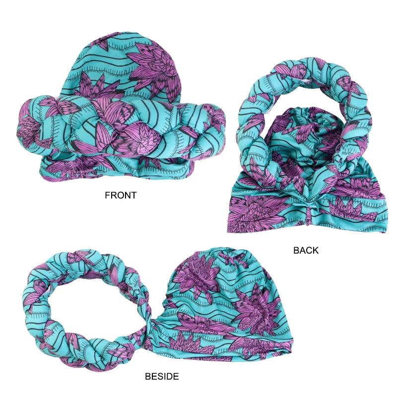 New African Print Twisted Large Braid Turban Hat Muslim Hijab Hat Elastic Head Wraps Headscarf Ramadan Headscarf Beanie Hats - NamafadStore