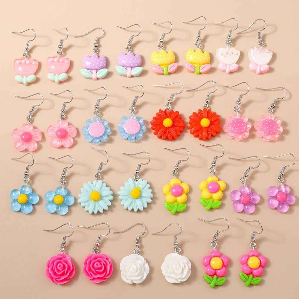 Cute 5 Pairs Flower Earrings for Women Girls Colorful Dangle Drop Earrings Handmade Kids Jewelry Gifts