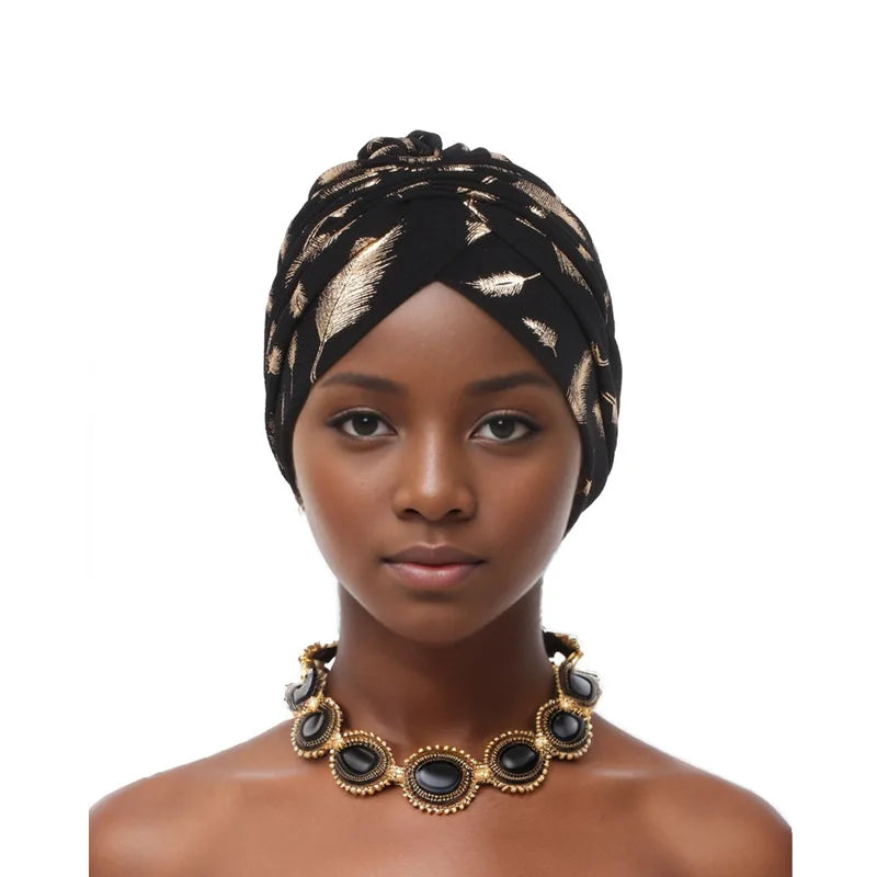 Feather Gold Stamping Fabric Turban Cap for Women African Wrap Head Bonnet Muslim Under Scarf Hat Turbante Mujer - NamafadStore