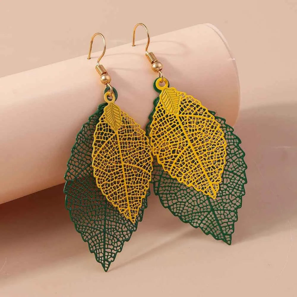 Colorful Bohemia Hollow Double Leaf Drop Earrings for Women Girls Dangle Earrings Party Holiday Jewelry Gifts