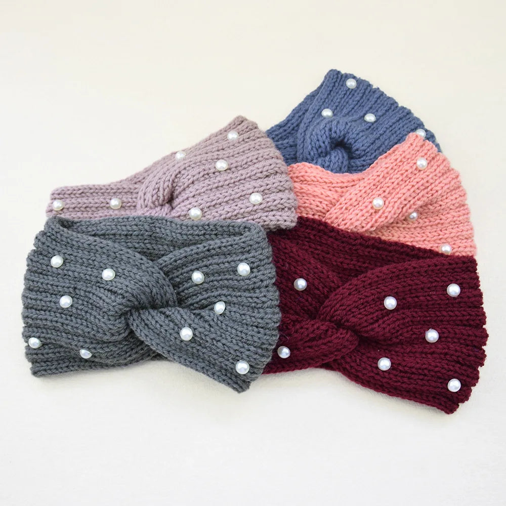 Fashion Pearls Knitted Headband Women Cross Knotted Hair Bands Autumn Winter Ear Warmer Protectors Wide Turban Hair Accessories - NamafadStore