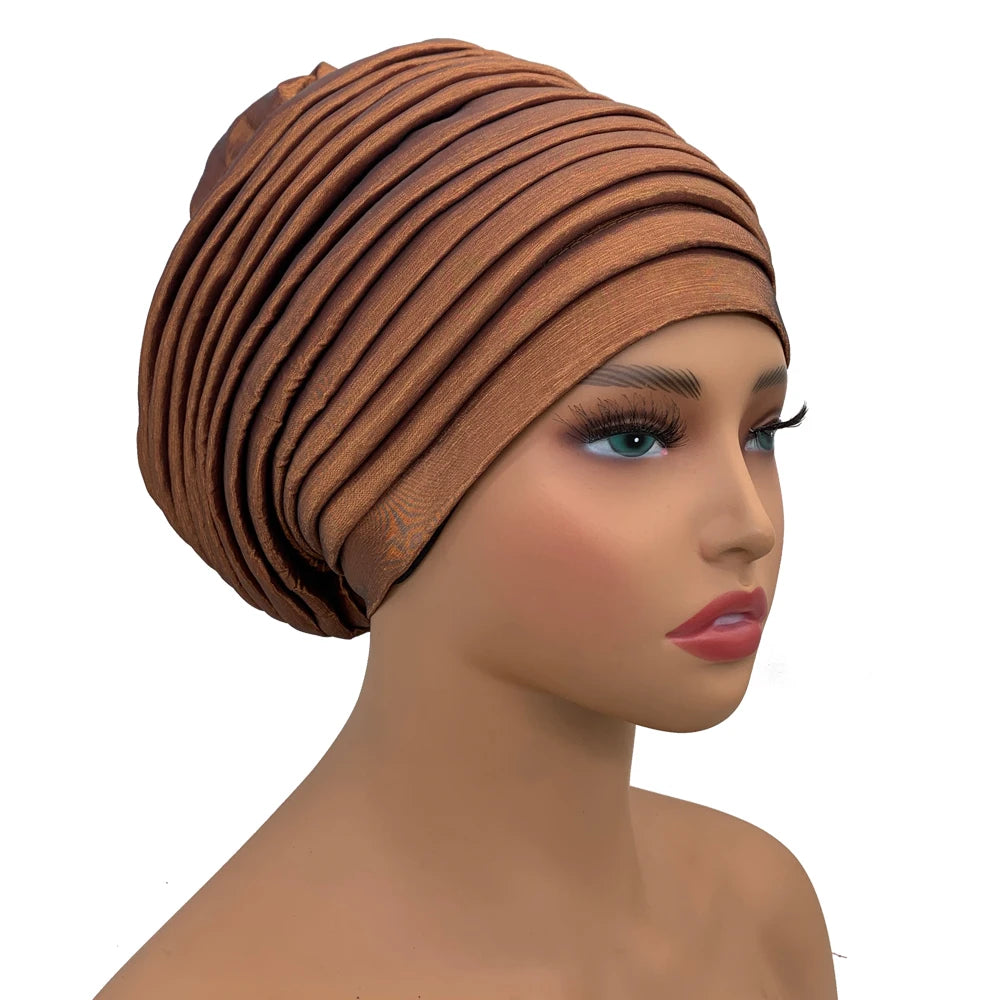 New Raw Silk Pleated Turban Cap for Women African Female Head Wraps Nigeria Lady Headwear Hat Wedding Headtie - NamafadStore