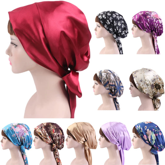 Women Silk Satin Cap Night Sleep Cap Hair Bonnet Hat Head Cover Satin Turban Headscarf Adjustable Ladies Long Hair Care Bonnet - NamafadStore