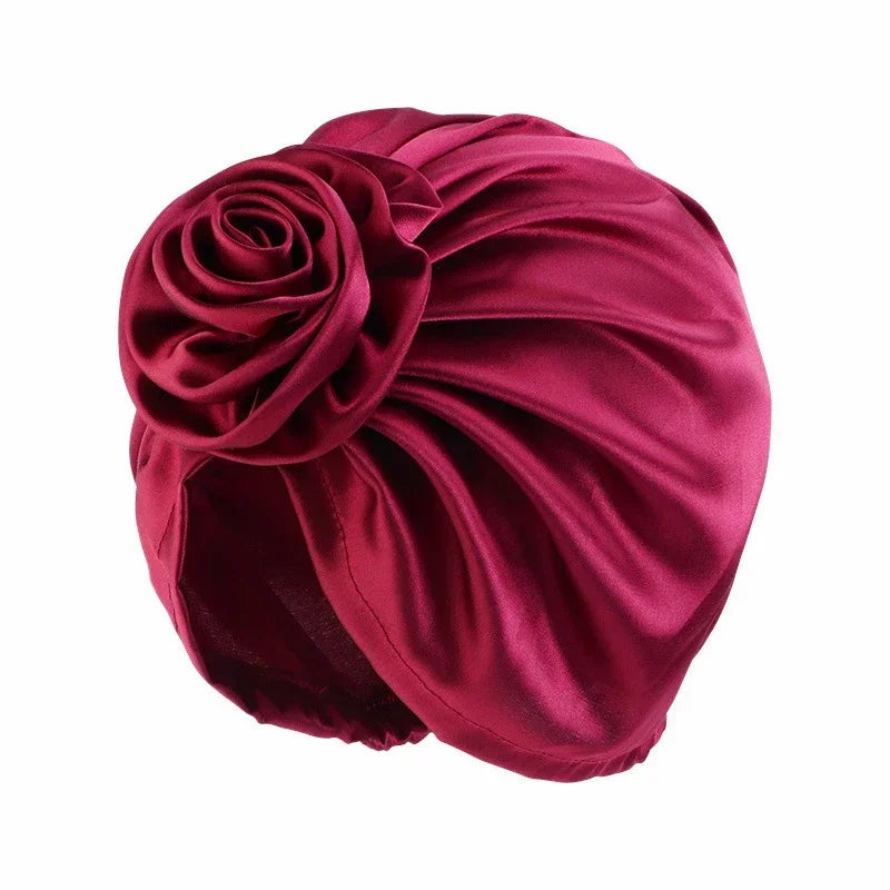 Big Flower Muslim Women Turban Satin Head Wrap Hijab Sleep Night Hat Chemo Cap Indian Elastic Beanie Ladies Hair Loss Headwear - NamafadStore