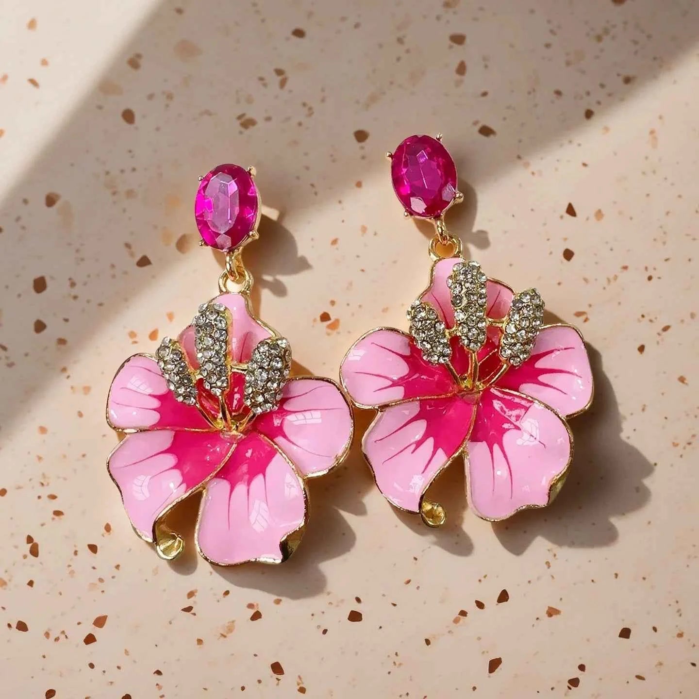 Korean Multi-color Enamel Flowers Drop Earrings for Women Girls Blue Crystal Dangle Earrings Party Jewelry Gifts