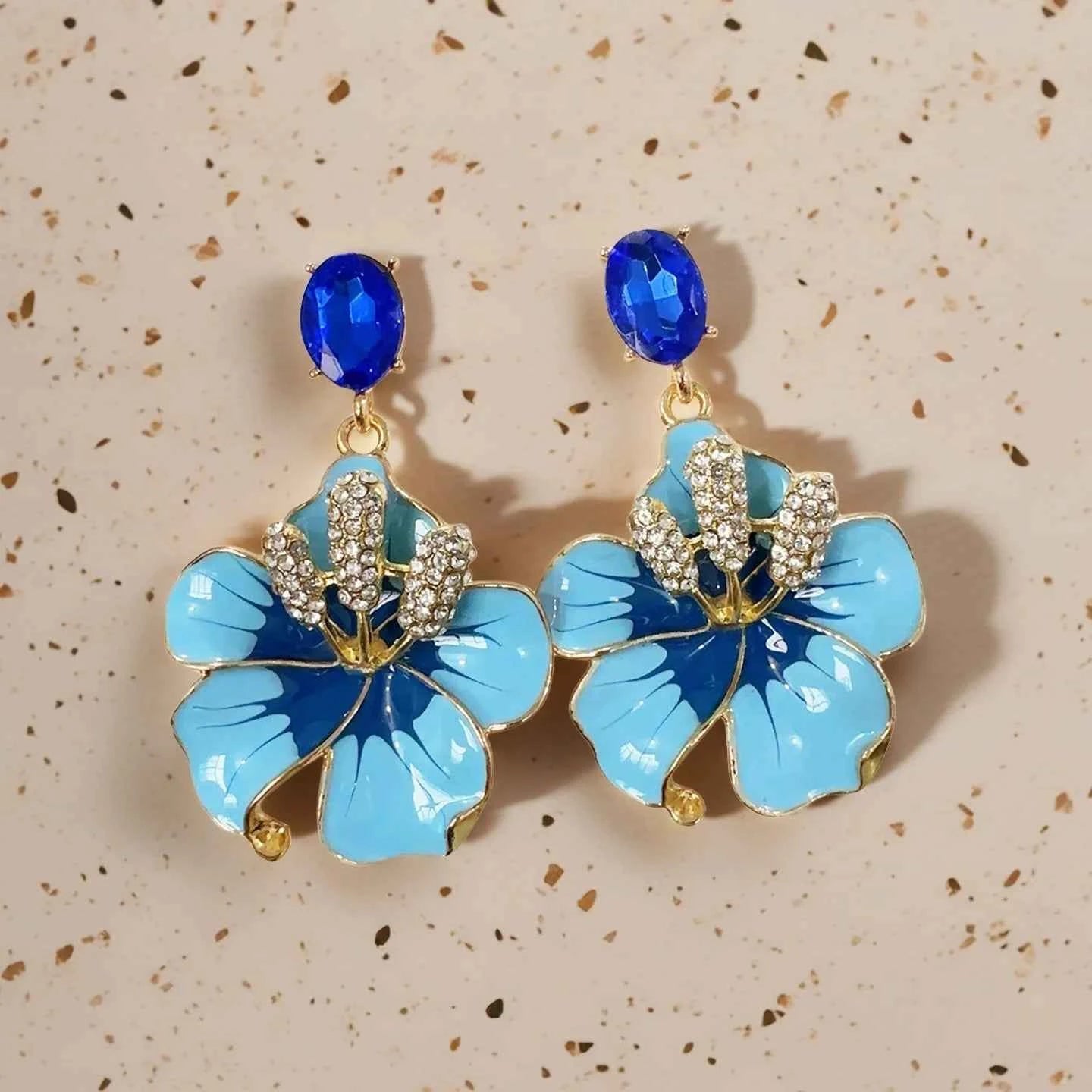 Korean Multi-color Enamel Flowers Drop Earrings for Women Girls Blue Crystal Dangle Earrings Party Jewelry Gifts