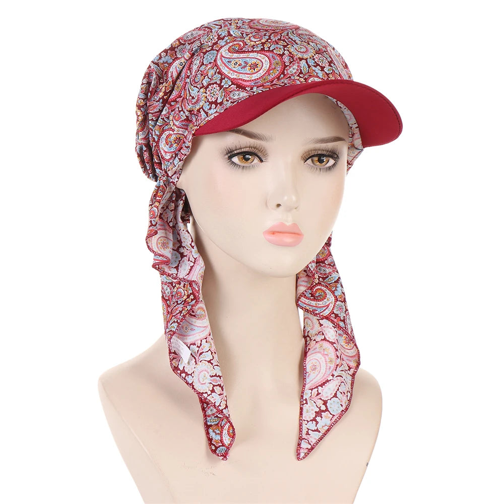 Fashion Muslim Floral Print Hijab Turban Hat for Women Visor Baseball Cap Sun Hats Headscarf Scarf Brim Femme Scarves Bandanas - NamafadStore