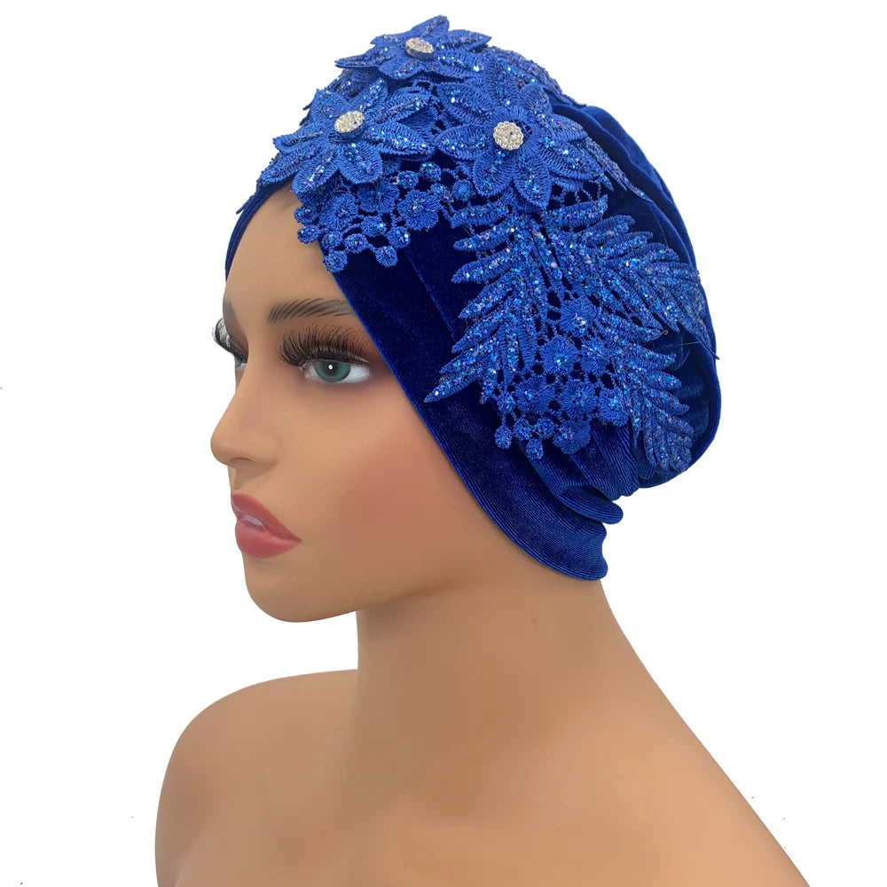 Applique Flower Embroidery Turban Caps for Women Ruffle Velvet Headscarf Bonnet Hat Female Head Wraps Turbante Mujer - NamafadStore