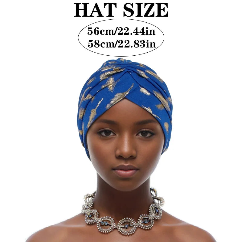 Feather Gold Stamping Fabric Turban Cap for Women African Wrap Head Bonnet Muslim Under Scarf Hat Turbante Mujer - NamafadStore